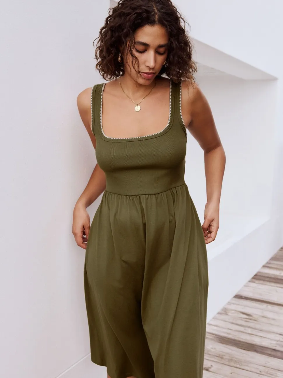 Khaki Green Jersey Midi Summer Dress