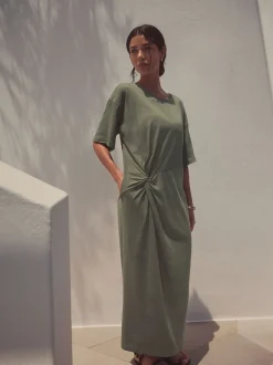Khaki Green Jersey Twist T-Shirt Summer Dress