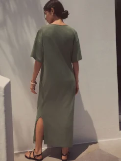 Khaki Green Jersey Twist T-Shirt Summer Dress
