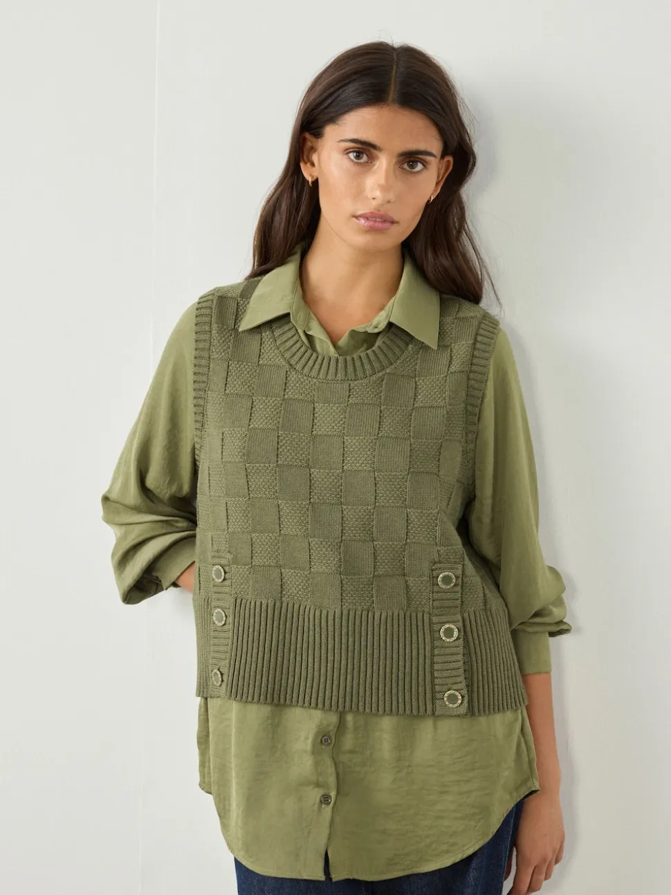 Khaki Green Knitted Tank Shirt Layer With Button Detail