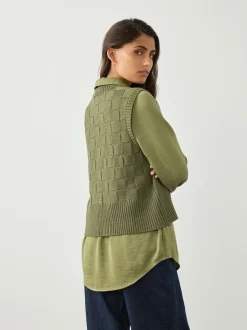 Khaki Green Knitted Tank Shirt Layer With Button Detail