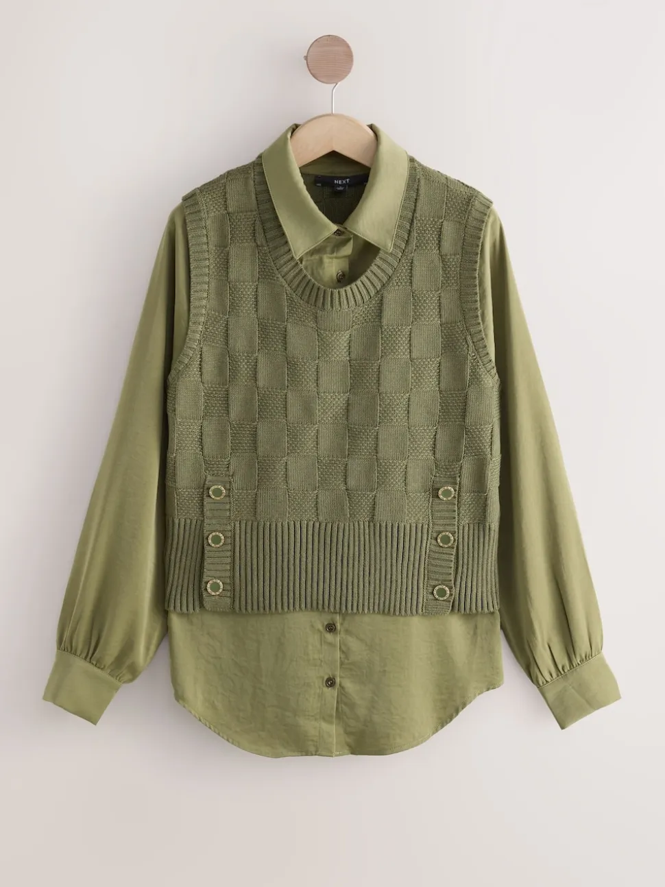 Khaki Green Knitted Tank Shirt Layer With Button Detail