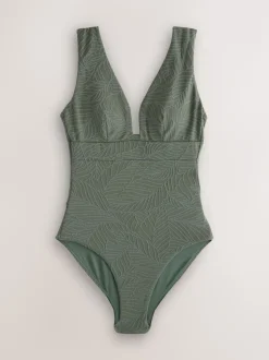 Khaki Green Leaf Textured Plunge Shaping Tummy Control Swimsuit