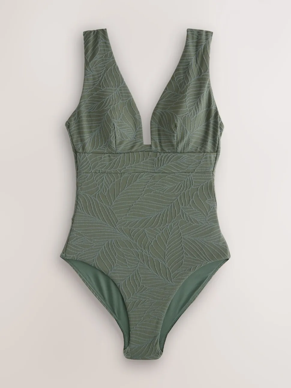Khaki Green Leaf Textured Plunge Shaping Tummy Control Swimsuit