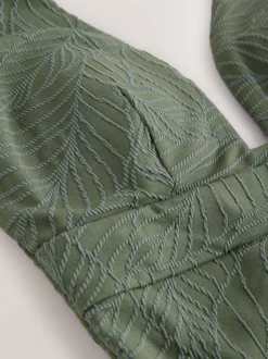 Khaki Green Leaf Textured Plunge Shaping Tummy Control Swimsuit
