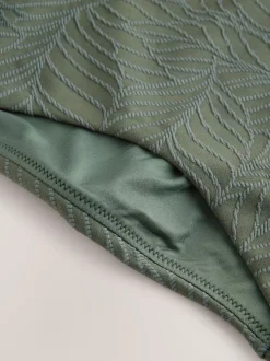 Khaki Green Leaf Textured Plunge Shaping Tummy Control Swimsuit