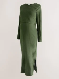 Khaki Green Maternity Long Sleeve Nursing Shelf Dress