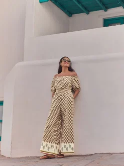Khaki Green Off Shoulder 100% Cotton Wide Leg Jumpsuit