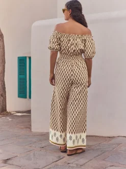 Khaki Green Off Shoulder 100% Cotton Wide Leg Jumpsuit
