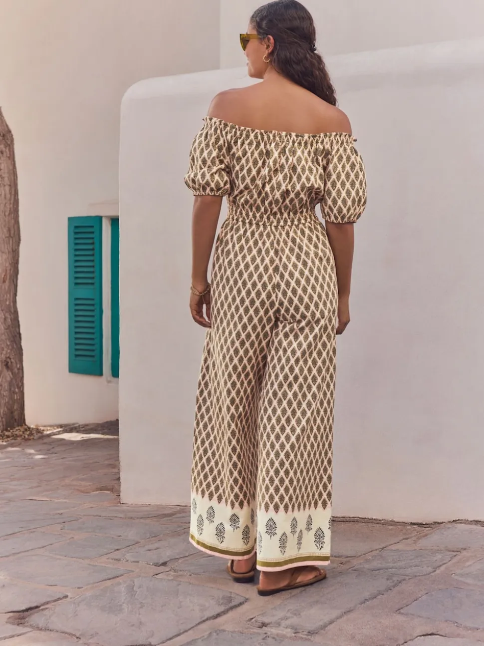 Khaki Green Off Shoulder 100% Cotton Wide Leg Jumpsuit