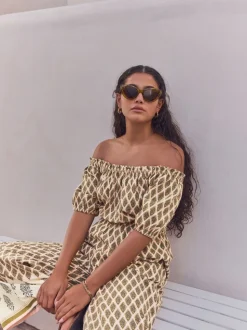 Khaki Green Off Shoulder 100% Cotton Wide Leg Jumpsuit