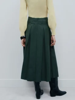 Khaki Green Pleated Midi Skirt