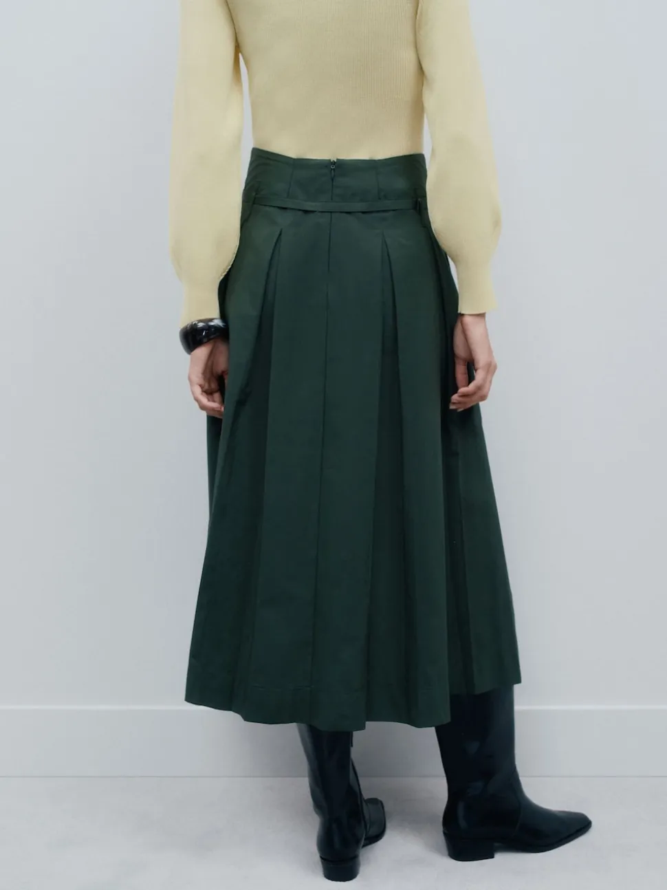 Khaki Green Pleated Midi Skirt