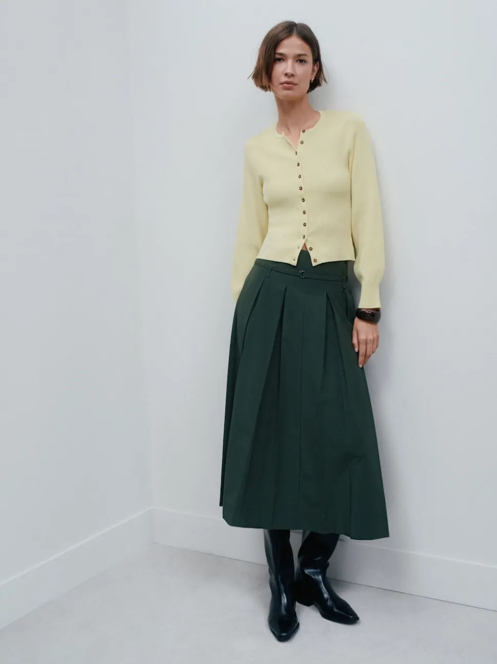 Khaki Green Pleated Midi Skirt