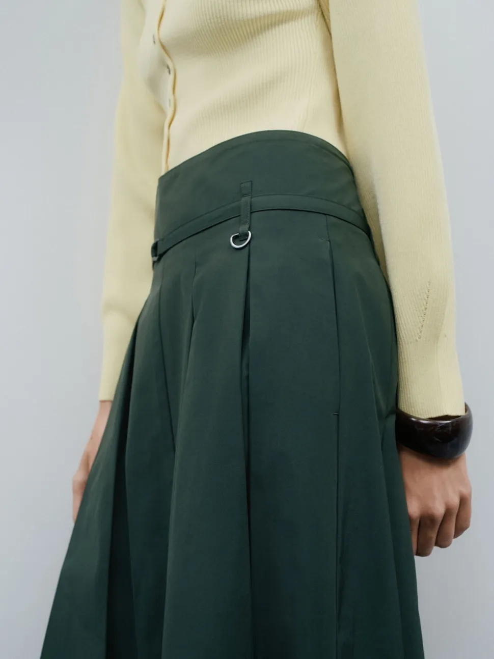 Khaki Green Pleated Midi Skirt
