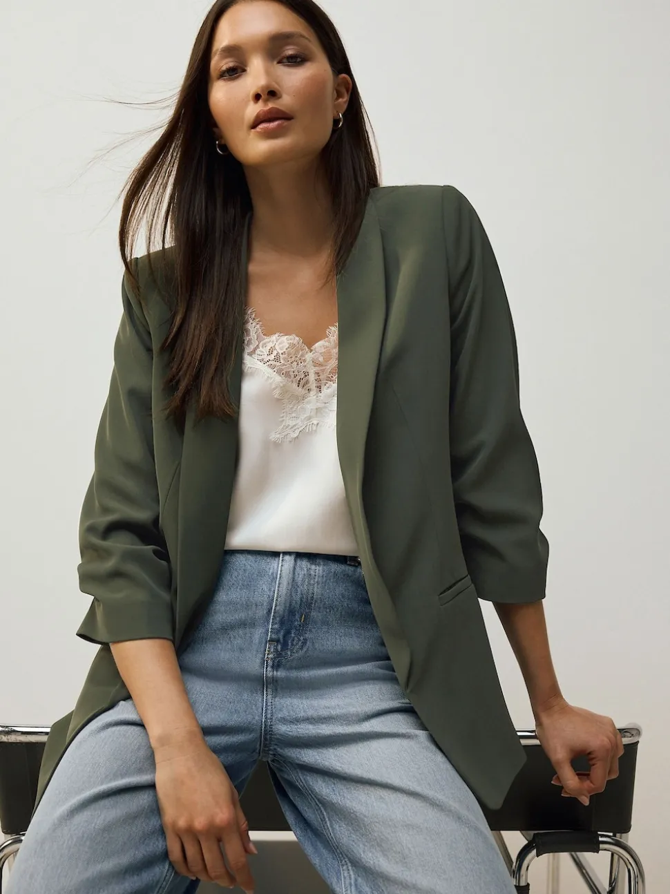 Khaki Green Relaxed Ruched Sleeve Blazer