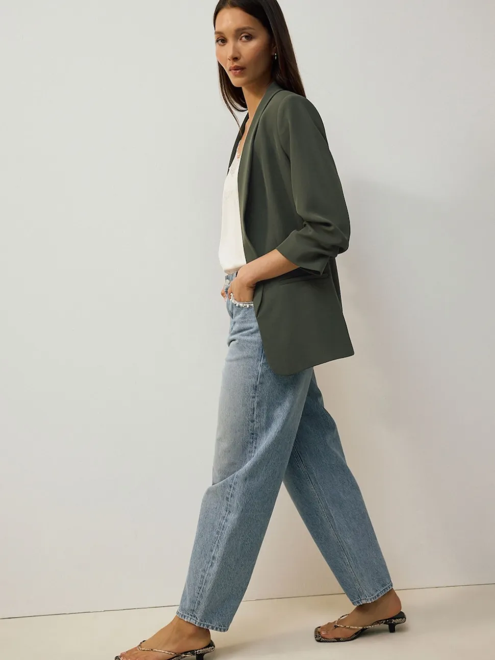 Khaki Green Relaxed Ruched Sleeve Blazer