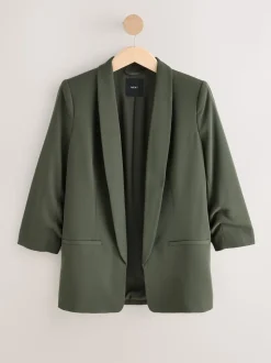 Khaki Green Relaxed Ruched Sleeve Blazer