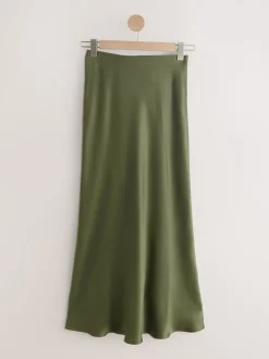 Khaki Green Satin Midi Skirt