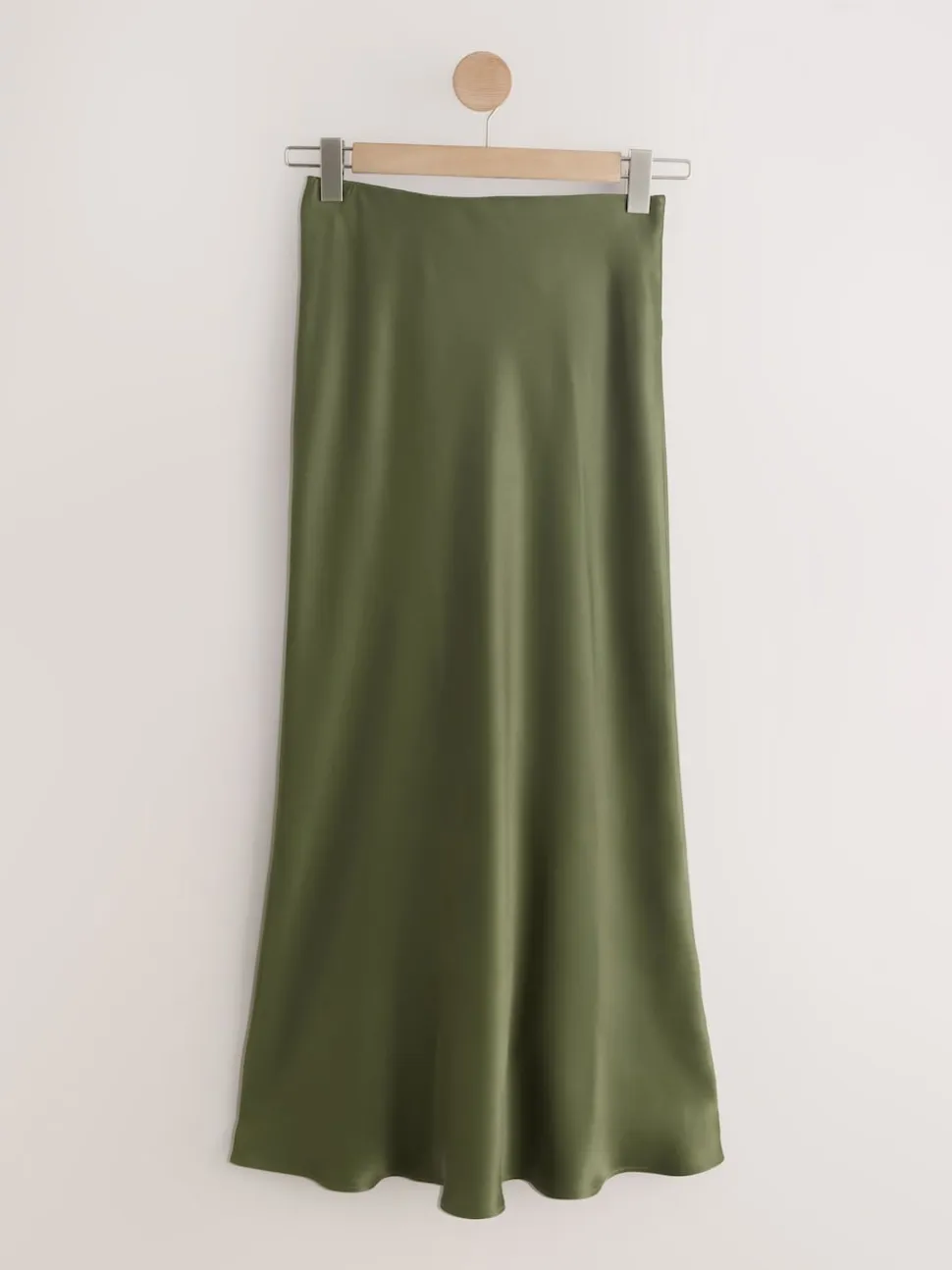 Khaki Green Satin Midi Skirt