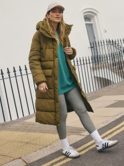 Khaki Green Shower Resistant Padded Hooded Longline Coat