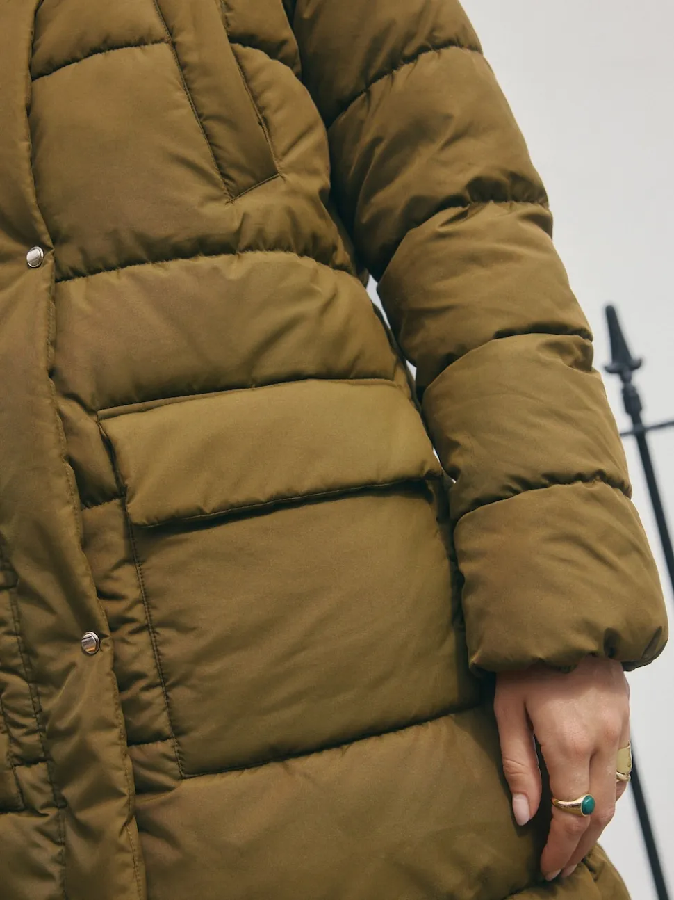Khaki Green Shower Resistant Padded Hooded Longline Coat
