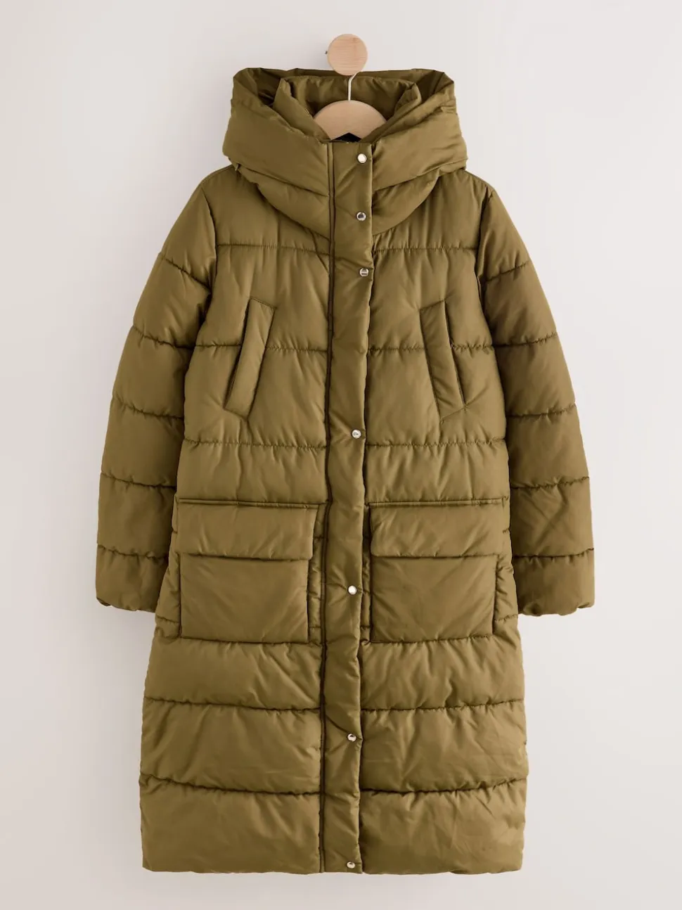 Khaki Green Shower Resistant Padded Hooded Longline Coat