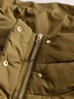 Khaki Green Shower Resistant Padded Hooded Longline Coat