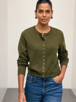 Khaki Green Slim Supersoft Crew Neck Cardigan with Wool