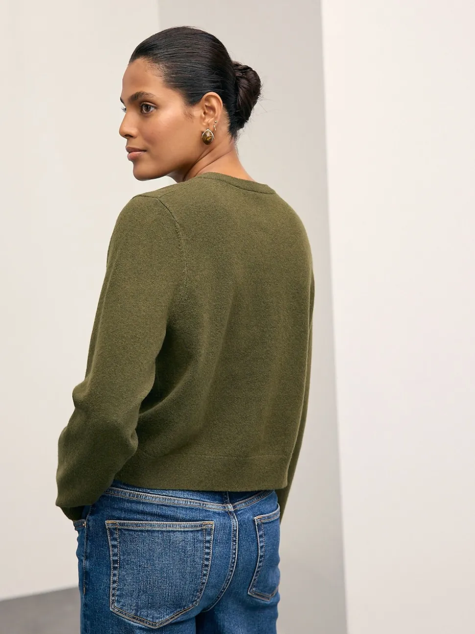 Khaki Green Slim Supersoft Crew Neck Cardigan with Wool