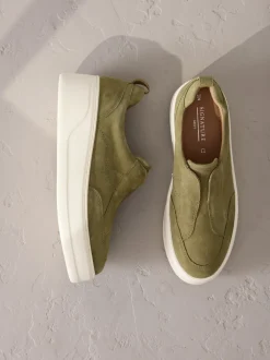 Khaki Green Slip On Signature Leather Chunky Wedge Platform Trainers