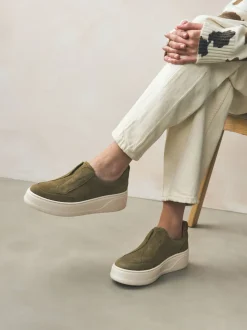 Khaki Green Slip On Signature Leather Chunky Wedge Platform Trainers
