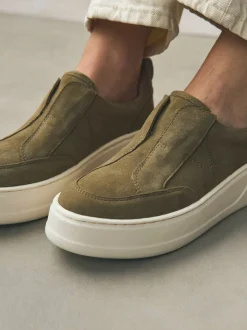 Khaki Green Slip On Signature Leather Chunky Wedge Platform Trainers