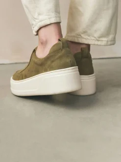 Khaki Green Slip On Signature Leather Chunky Wedge Platform Trainers