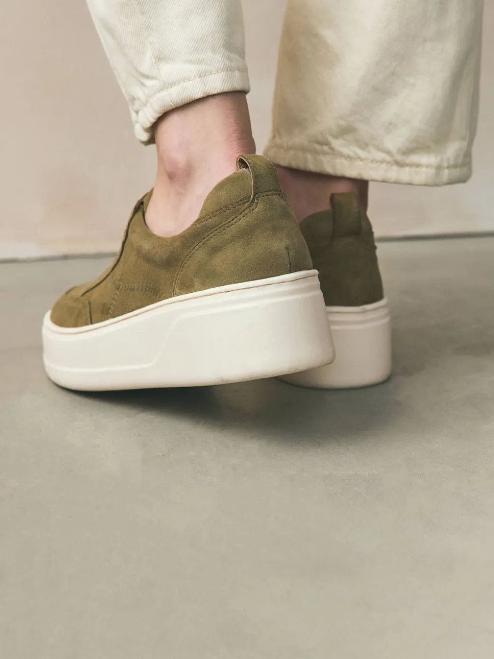 Khaki Green Slip On Signature Leather Chunky Wedge Platform Trainers