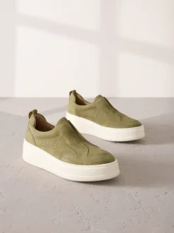 Khaki Green Slip On Signature Leather Chunky Wedge Platform Trainers