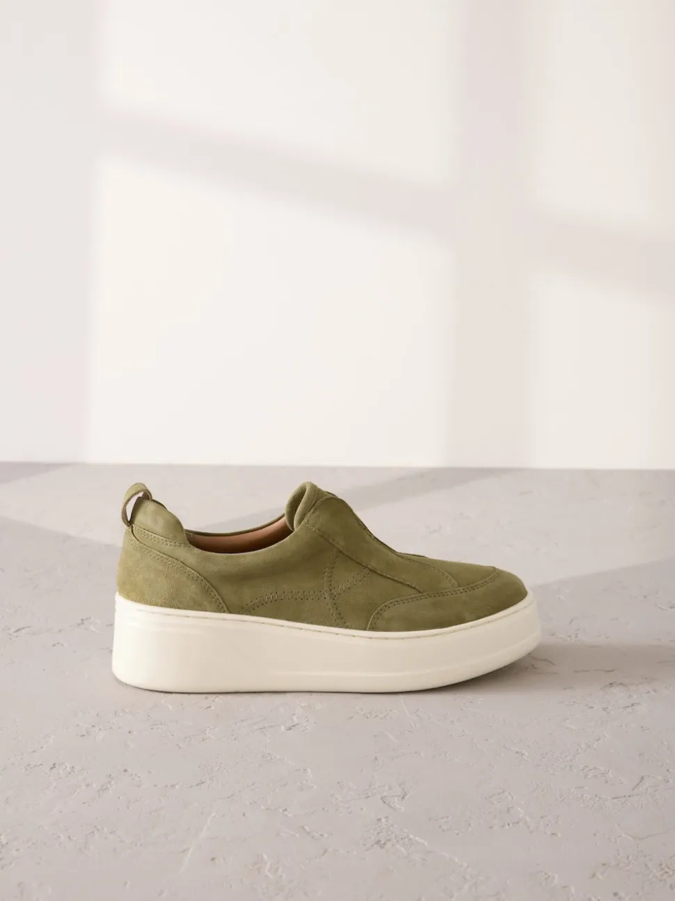 Khaki Green Slip On Signature Leather Chunky Wedge Platform Trainers
