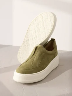 Khaki Green Slip On Signature Leather Chunky Wedge Platform Trainers