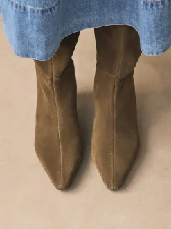 Khaki Green Suede Forever Comfort® Knee High Chisel Toe Heeled Boots