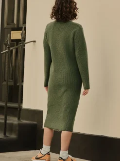 Khaki Green Super Soft V-Neck Midi Dress With Wool