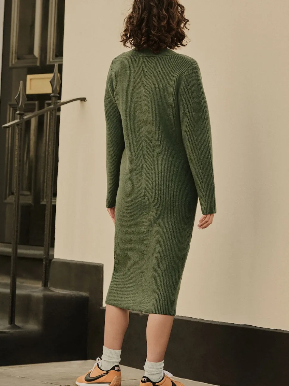 Khaki Green Super Soft V-Neck Midi Dress With Wool