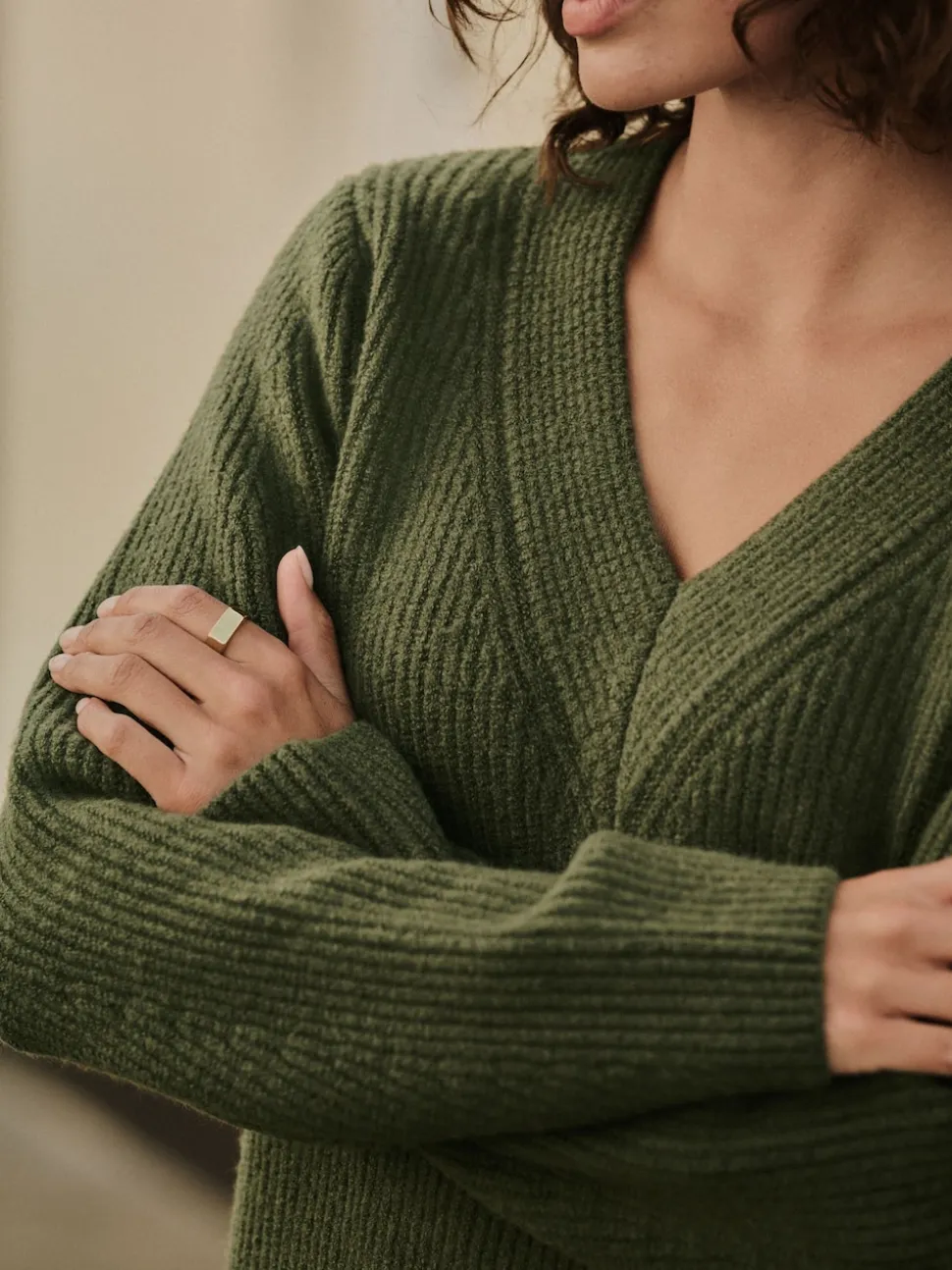 Khaki Green Super Soft V-Neck Midi Dress With Wool