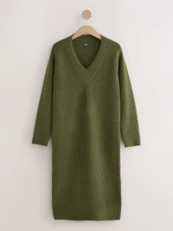 Khaki Green Super Soft V-Neck Midi Dress With Wool