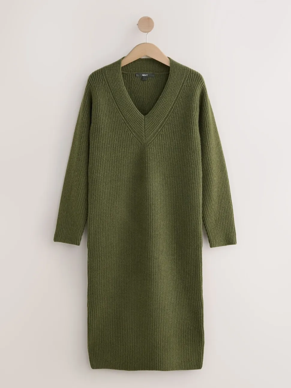 Khaki Green Super Soft V-Neck Midi Dress With Wool
