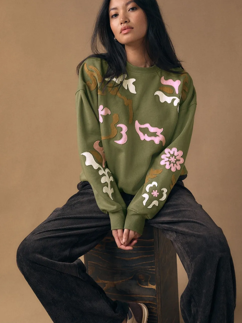 Khaki Green Sweatshirt with Appliqué Details