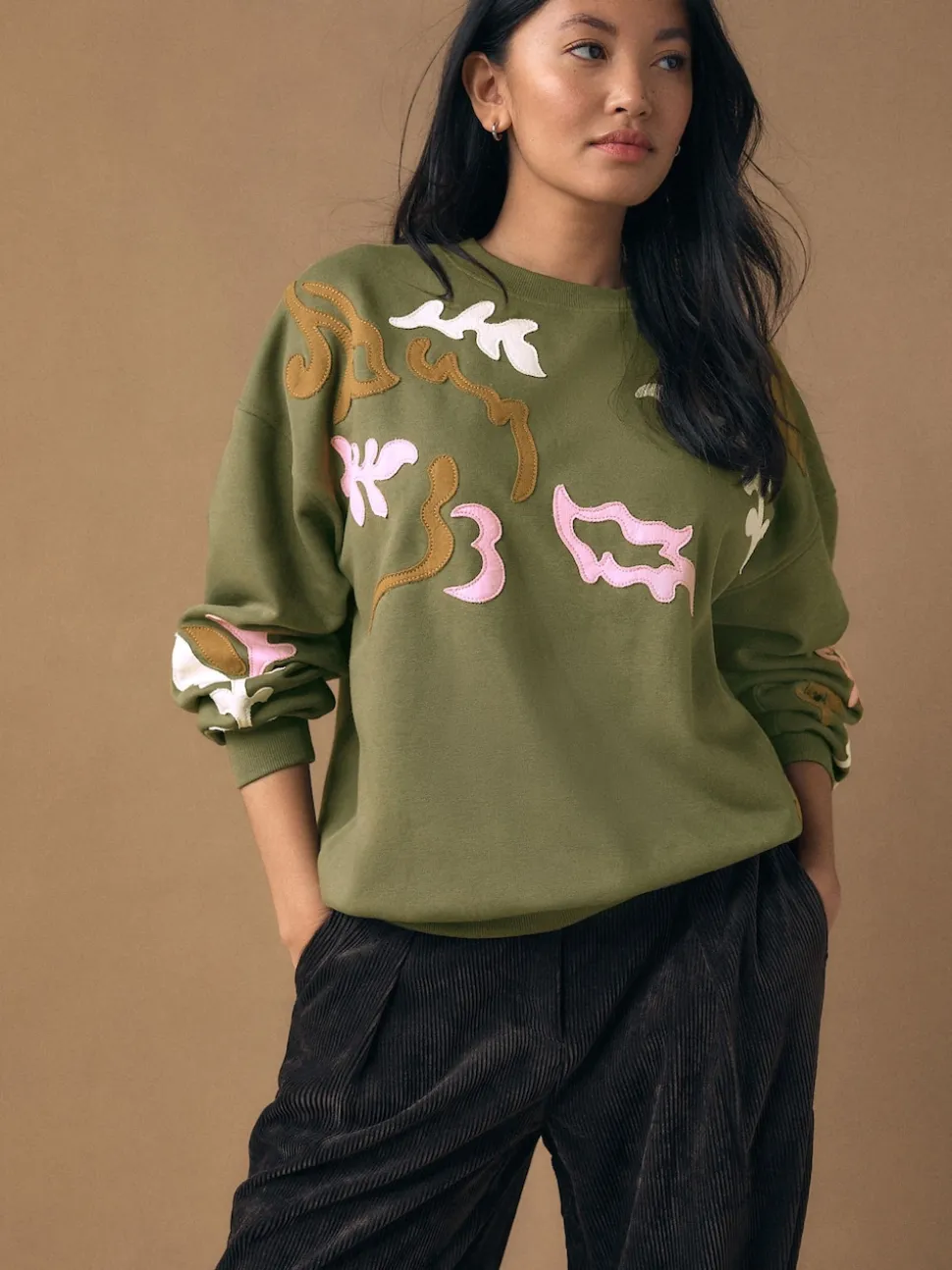 Khaki Green Sweatshirt with Appliqué Details