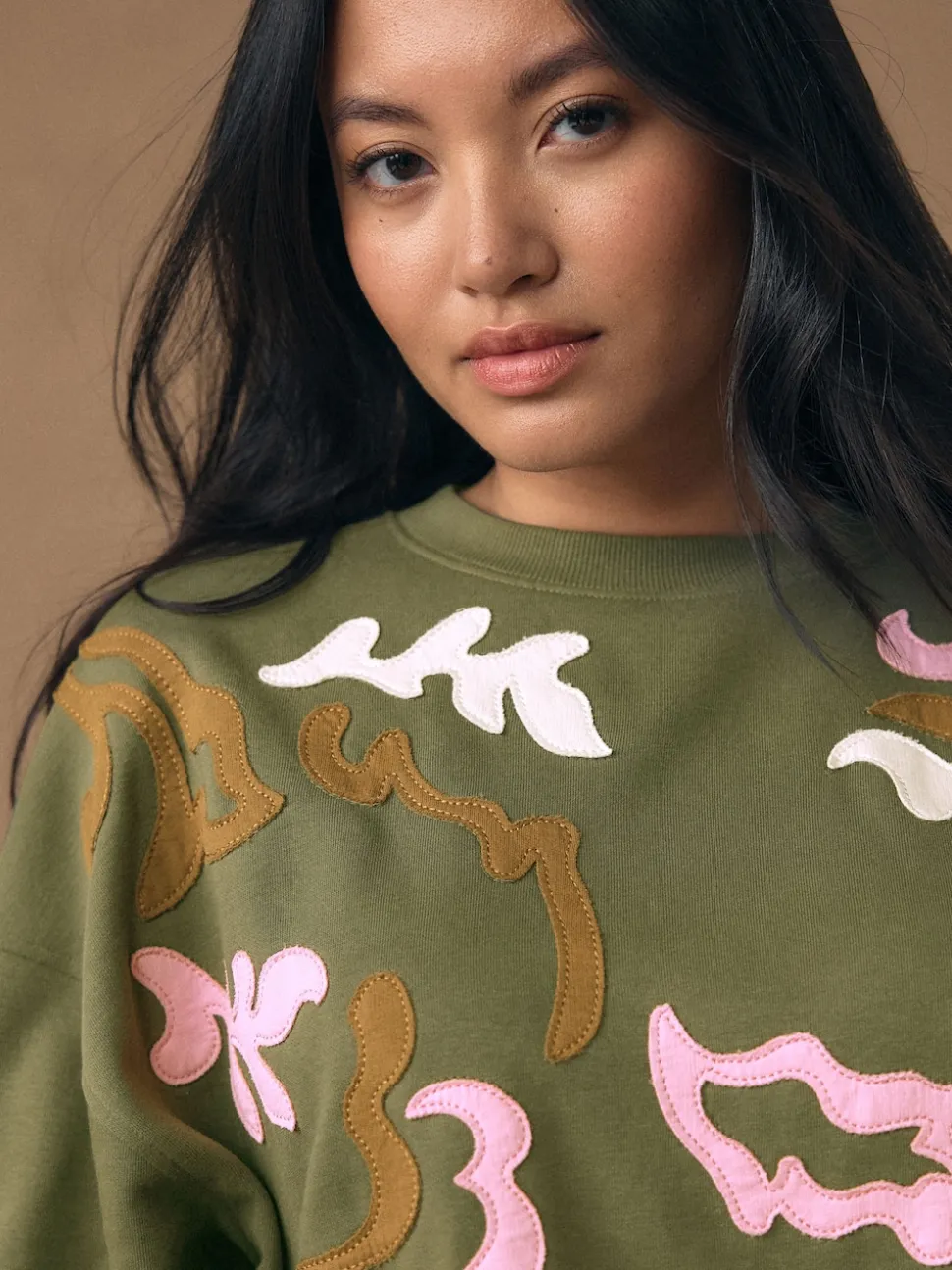 Khaki Green Sweatshirt with Appliqué Details