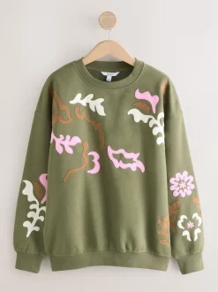Khaki Green Sweatshirt with Appliqué Details