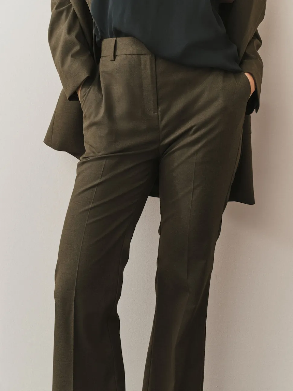 Khaki Green Tailored Bootcut Trousers With Wool