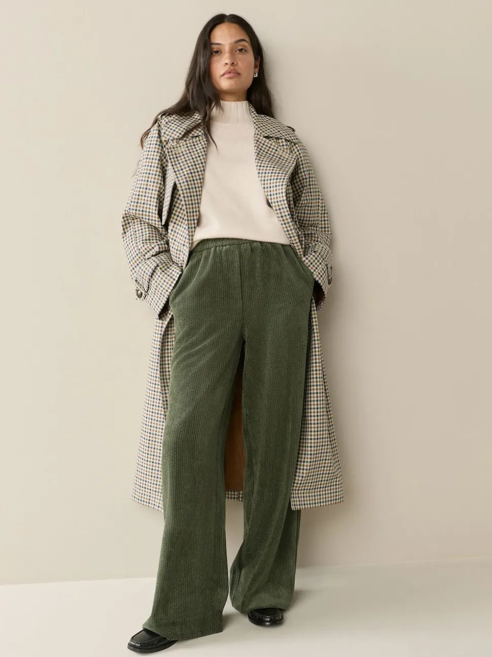 Khaki Green Wide Leg Soft Cord Trousers